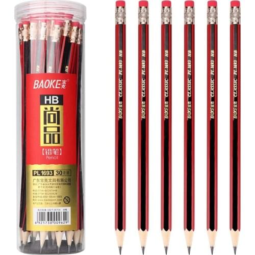A Box of 30 Baoke PL1693 Pupils' Pencils Non-toxic HB with Eraser Head Writing Art Painting Sketch Log Pencil Set