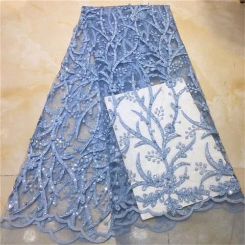 Sky blue High Quality Nigerian Tulle Lace Fabrics Latest Beaded sequins Mesh African Lace Fabric Bride French Net Lace Fabric