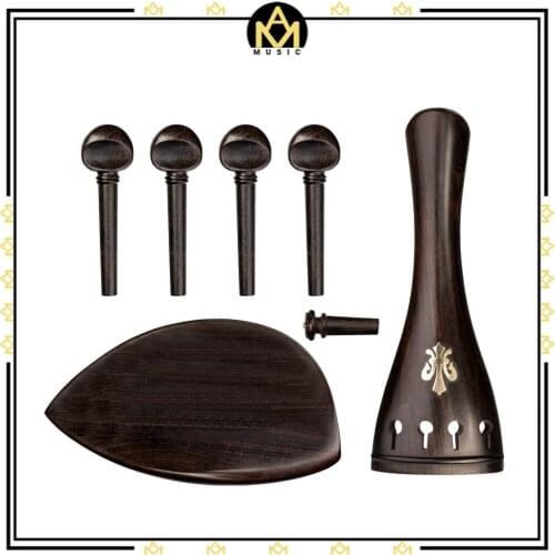 Ebony Violin Tailpiece Set w/ Chinrest+End Pin+4 Tuning Pegs+Tailpiece Nice Golden Fleur-de-lis InlayDiy Violin Parts