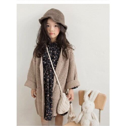 2021 New Autumn Girls Sweater Cardigan 4-15 Years Old Childrens Korean Big Childrens Mid-length Thick Knit Jacket Parent-chil