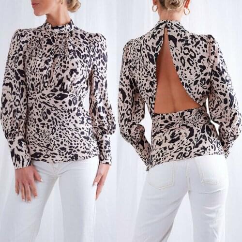 New Women Casual Leopard High Collar Long Sleeve Backless Blouse Tops Shirt 2019 New Fashion Hollow Back Print Shirt