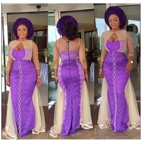 Formal Evening Dress Sheer Neck Mermaid Prom Dresses Beads Tulle Nigerian Women Evening Party Gowns Aso Ebi Plus Size