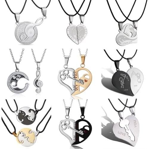2 PCS/set Splice Cat Key Broken Heart Couple Necklace For Women Men Stainless Steel Paired Pendant Family Lover Unique Jewelry