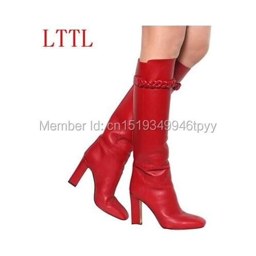 Sexy Women Knee High Boots Thick High Heels Red Leather Winter Boots for Wholesale