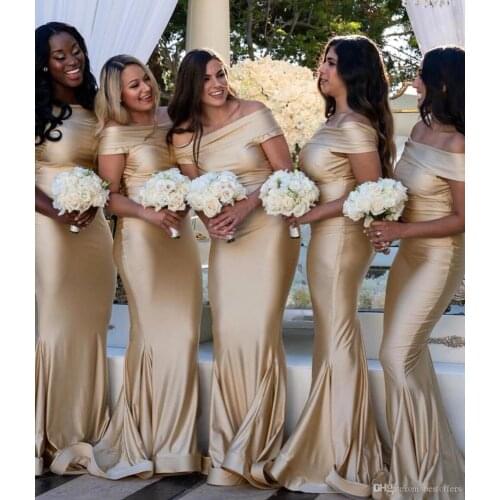 Off the Shoulder Arabic Mermaid Bridesmaid Dresses Long Champagne Maid of Honor Party Gowns Fashion Wedding Guest Dress