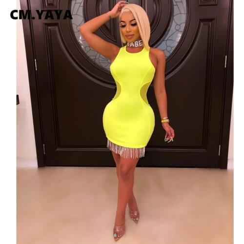 CM.YAYA Women Dress Solid Tassel Mesh Patchwork Sleevelss Sheath Elastic Mini Dresses Sexy Night Club Party Dress Summer Outfit