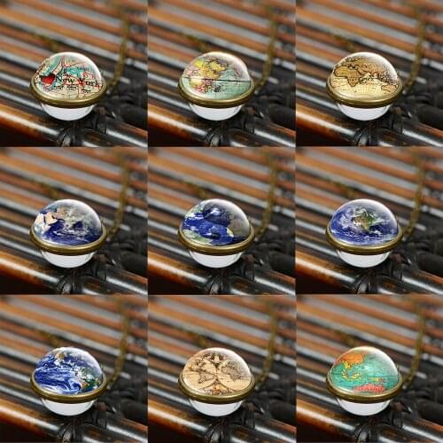 SONGDA Unique Blue Globe Planet Double Sided Necklace Vintage Earth World Map 3D Printed Glass Ball Pendant Necklace for Unisex