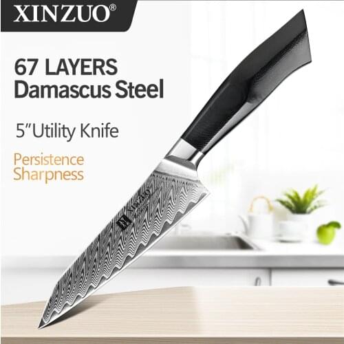 XINZUO 5'' Utility Knife High Carbon Damascus Steel Kitchen Knives Strong Hardness Kitchen Knives G10 Mosaic Brass Rivet Handle