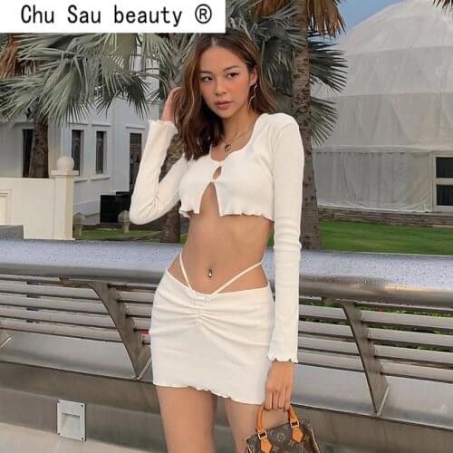 New Summer Fashion Women Sexy O Neck Bandage Hollow Out Drawstring Long Sleeve Crop T Shirt Ruffles Mini Skirt Set Female