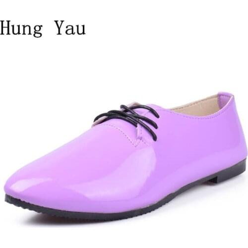 Women Shoes Flats Summer Autumn Fashion Casual Woman Flat Lace Up Comfortable Patent Leather Walking Loafers Plus Size 35-42
