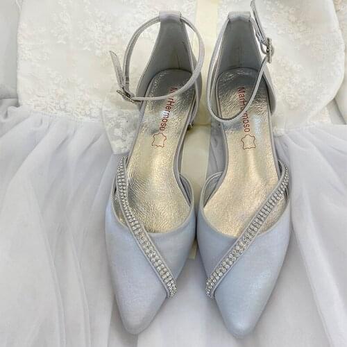 MarHermoso Womens Satin Pointed Toe Dark Blue Ballerians D'Orsay Ankle Strap Ballets