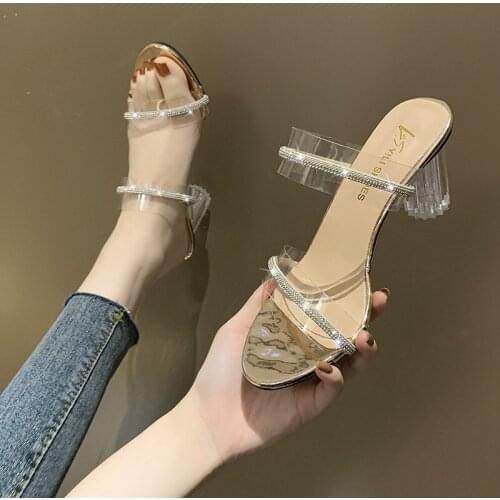 2021 New Summer Crystal Casual Shoes Ladies Shoes Fashion Women Shoes Woman Mules Thick Mid Heels Clear Transparent Sexy Slides