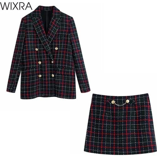Wixra Womens Plaid Blazer Sets Double Breasted Top+High Waist Mini Skirts Street Style Elegant 2021 Autumn Spring