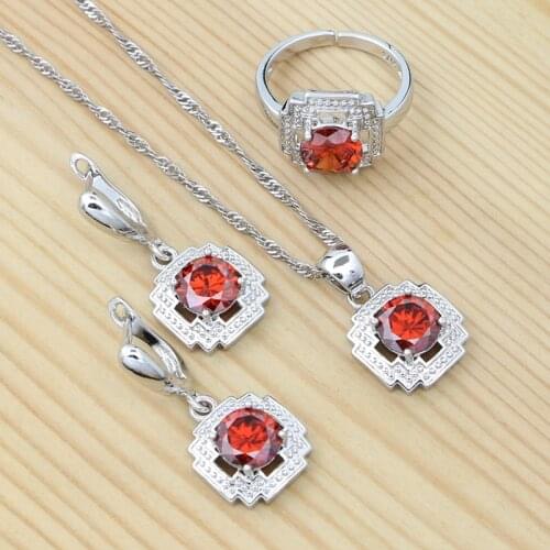 Woman Jewelry Set Red Stone 925 Sterling Silver Earrings Ring Pendant Necklace Bracelet Jewelry Set Sweet Jewelry