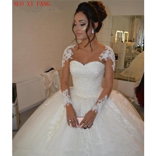 Princess Lace Sheer Neck Wedding Dresses 2020 Long Sleeves Beaded Victorian Arabic Vestidos De Novia Ball Gown robe de mariee