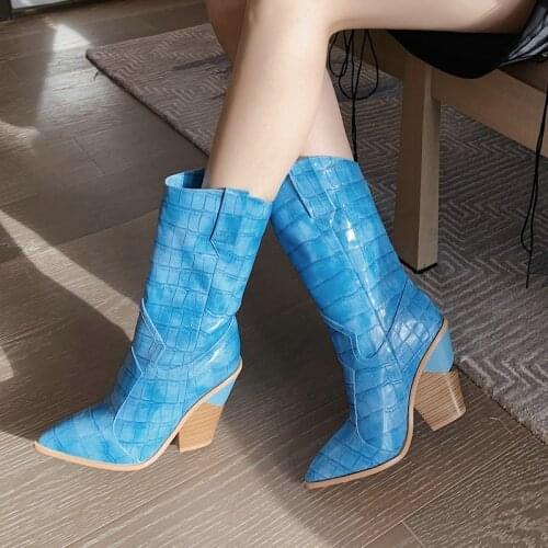 Winter Mid Calf Boots for Women Chunky High Heels Half Boots Pointed Toe Western Cowboy Boots for Woman Yellow White Brown Blue