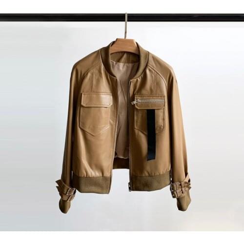 2021 Learher Coats Short Leather Coat for Women Sherling Jacket Sheepskin Collar Brown Genuine Leather Jacket