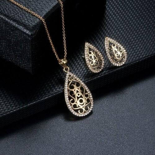 Retro Water Drop Earring Set Micro-inlaid Zircon Hollow Earrings Necklace Gold Pattern Set Wholesale Women Jewelry Set