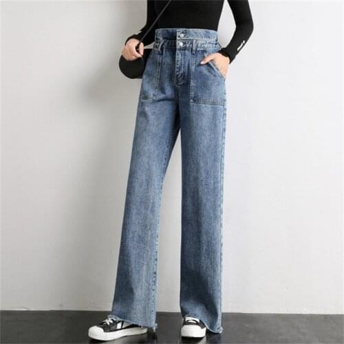 Free Shipping Womens Spring-Summer 2020 New High-Waist Wide Leg Jeans Raw Edge Loose Loose Straight Leg Pants