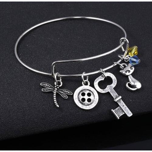 Horror Movie Coraline Bracelet Bangles Dragonfly Button Key Charms Wrist Pendant Cuff Bangles For Kids Halloween Jewelry Gift