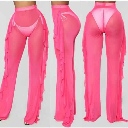 Womens Perspective Ruffles Pants Hot Sale Long Loose High Waist Wide Leg Trousers Ladies Plus Size Bikini Cover-up Long Trousers