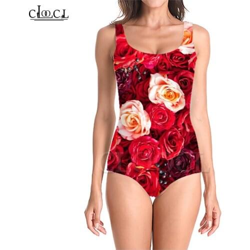 CLOOCL Summer Red Rose Flower 3D Print Girls One-piece Swimsuit Bathing Suit Sleeveless Slim Sexy Womens Fashion Swimwear