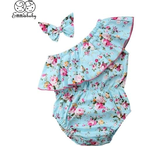 Lovely Newborn Baby Girl One Shoulder Sleeveless Floral Romper Jumpsuit Headband Outfits Flower Sunsuit Clothes