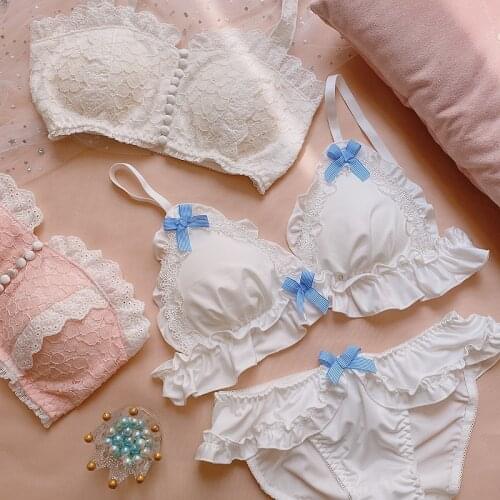 Wriufred No steel ring bra set sweet girl bow tie lingerie sets small chest underwear put on sleep bra bride white bralette