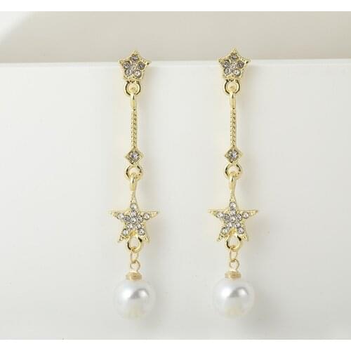 Sweet Girl Earrings New Crystal Pearl Five-pointed Star Long Earrings Korean Fashion Net Red Simple Wild Earrings Womens