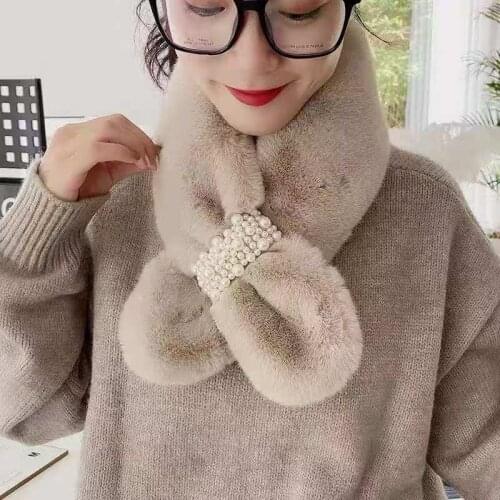 Fashion Pearl Faux Fur Scarf Women Winter Fashion Thick Warm Neck Collar Furry Plush Scarves 2021 New Ladies Women Girl Bufanda