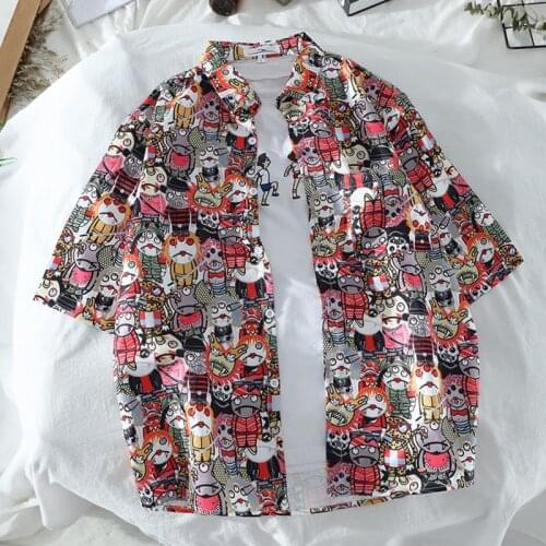 Mens Funny Graffiti Cat Print Chest Pocket Casual Loose Fit Short Sleeve Shirts