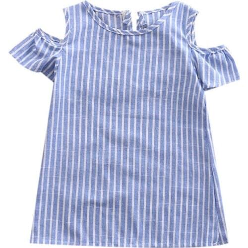 New Girls Baby Dress Toddler Kids Clothes Summer Short Sleeve Blue Striped Cotton Off Shoulder Tutu Party Dresses
