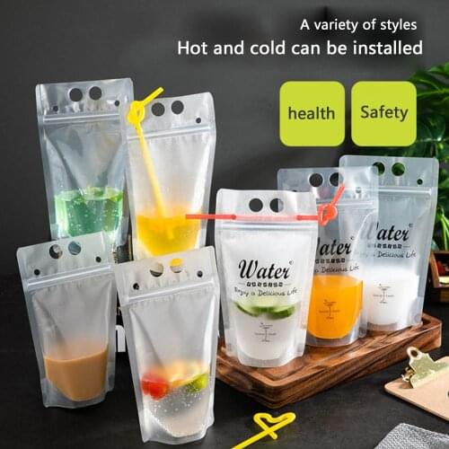 50PCS Disposable Health Juice Coffee Liquid Bag Seal Bag Transparent Polish Drink Storage Bag With Straw For Party Bar Travel