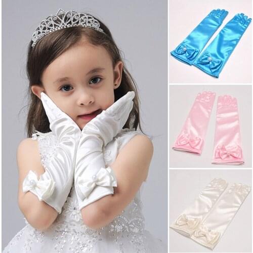 Solid Color Girls Satin Bowknot Full Finger Long Gloves Children Princess Dress Photography Props Performance Ceremonial Gloves