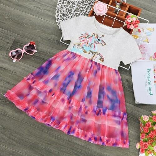 Girls Sequins Rainbow Unicorn Summer Dress Baby Kids Star Tulle TUTU Clothing Children Princess Birthday Party Costume JYF