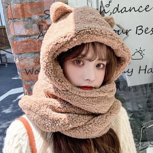 Casual Warm Cute Bear Novelty Beanies Caps Ear Hat Hat Scarf Set Women Caps