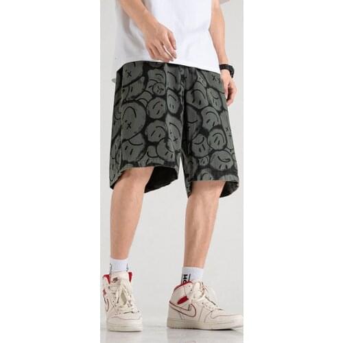 Printed Smiley Jeans Wide-leg Straight Shorts Oversize Trendy Brand Hiphop Personality Loose Denim 5-quarter Pants Streetwear