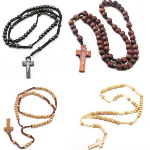 Religious Wooden Antique Cross Rosary Pendant Necklaces Beads Catholic Jesus ChristRosary Necklace Men Women Jewelry Gifts