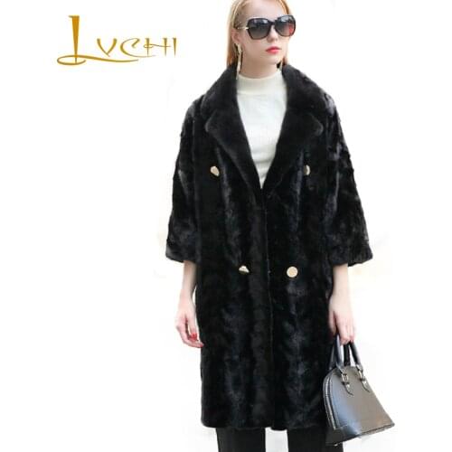 LVCHI Winter 2019 Natural Real Mink Fur Coat Womens Nine Quarter Sleeve Turn-Down Collar Army Green Button Loss Slim Mink Coats