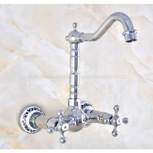 Basin Faucets Polished Chrome Brass Bathroom Kitchen Faucet Swivel Wall Mounted Dual Handle Hot Cold Mixer Taps znf581