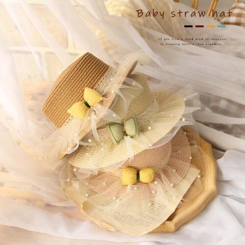 FOCUSNORM 4 Colors Baby Girls Summer Lovely Straw Hats Bowknot Lace Solid Sun Hats For 2-6Years