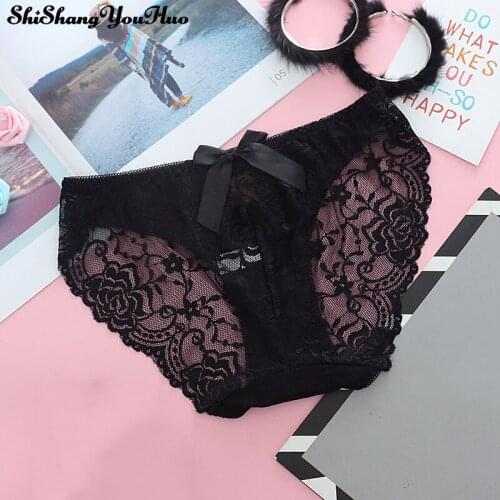 Sexy Lace Panties Black Women Briefs with Bow Cotton Seamless Ropa Interior Mujer Culotte Femme