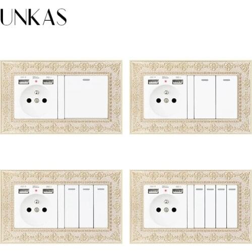 UNKAS 4D Zinc Alloy Metal Panel French Socket Dual USB Port + 1 2 3 4 Gang 1 / 2 Way On / Off Light Switch Embossing Retro Frame