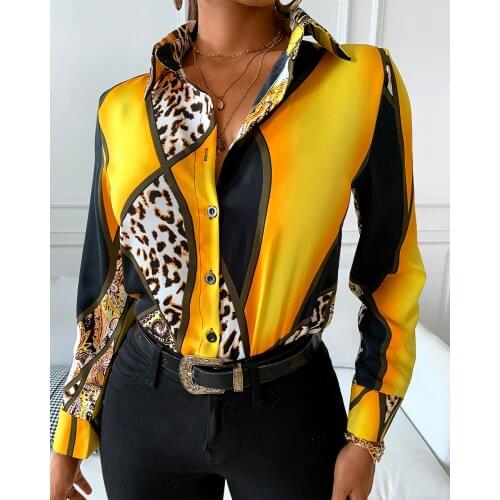 2020 Women Casual Autumn Turn-down Collar Chiffon Blouse Leopard Print Cheetah Print Colorblock Buttoned Long Sleeve Shirt