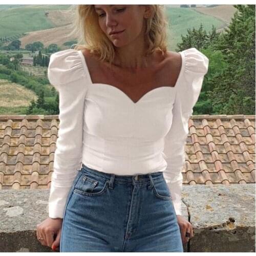 Vintage Square Collar Casual Puff Sleeve Womens Shirts And Autumn Solid Long Sleeve Tops 2021 Fashion