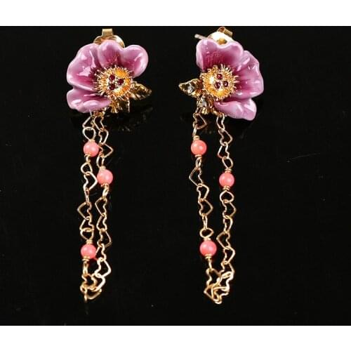 Fashion All-match Korean Version Long Face Thin Earrings Enamel Color Glaze Peony Green Leaf Tassel Stud Earrings Female Jewelry