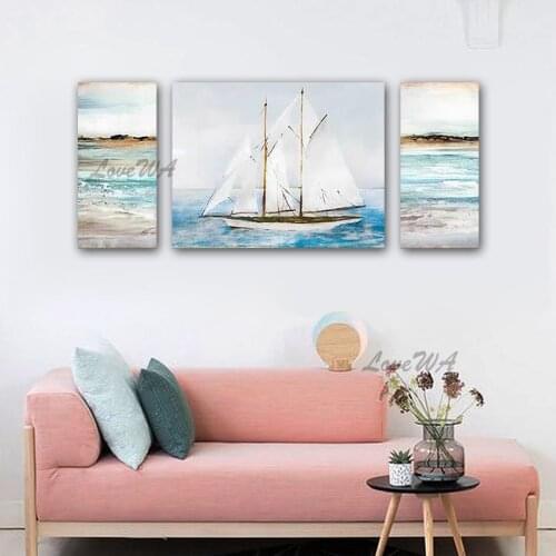 3 Panels 100% Hand Drawn Sailing Boat Ship Canvas Oil Painting Art Bedroom Wall Decoration Art Free Shipping Paintings Artwork