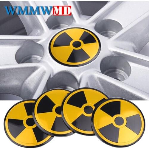 4pcs/lot 56mm Car Styling Radioactive Warning Atomic Nuclear Radiation Aluminium Car Wheel Hub Center Cap Sticker Accessories