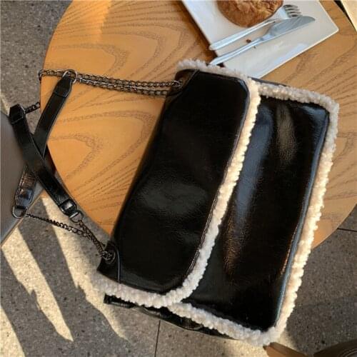 2021 New Designer Soft Leather Chain Shoulder Crossbody Bags For Large Handbag Lady Casual Fluffy Purses Female Black Messenger