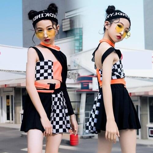 Kids Hip Hop Costumes Black Sleeve Vest Plaid Skirts For Girls Jazz Dance Performance Clothes Modern Rave Outfits Street Wear